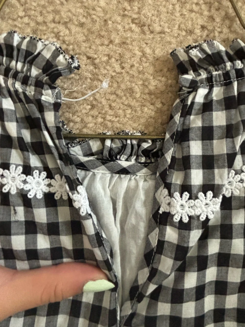 J. Crew Black and White Gingham Lace-Trim Peasant Blouse